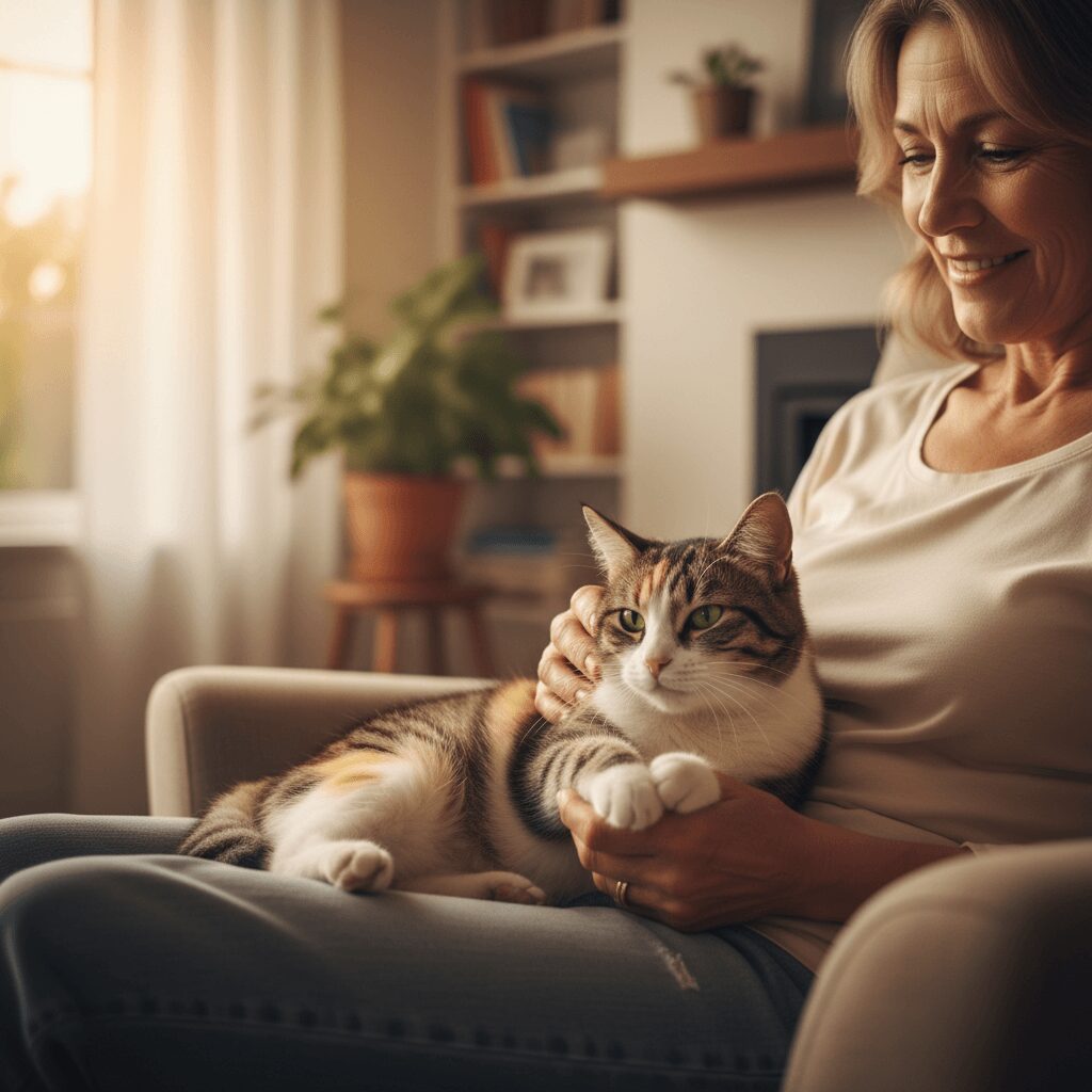 Woman smiling while holding a relaxed cat.