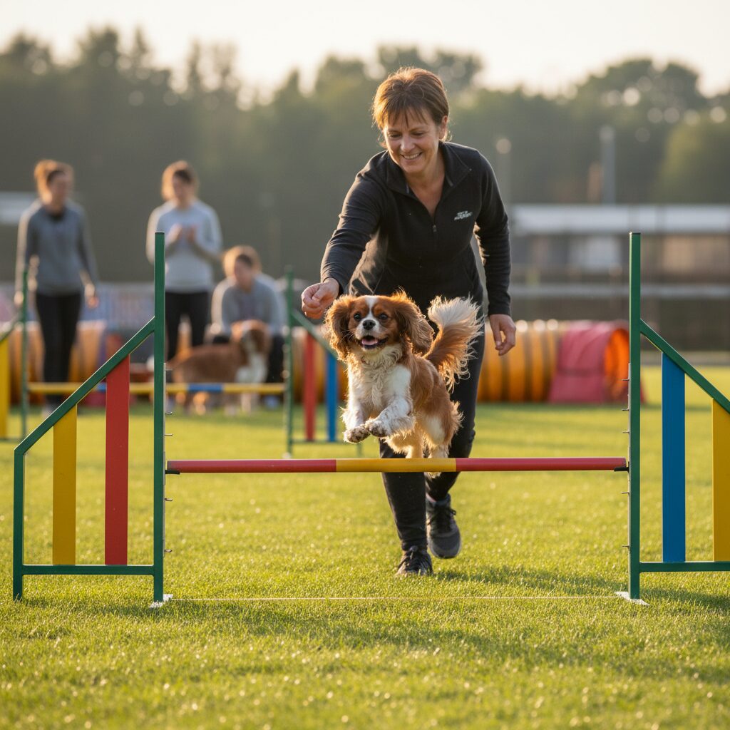 Dog jumping over hurdle in agility course.