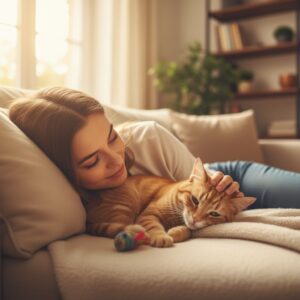 Woman cuddling cat on a cozy couch.