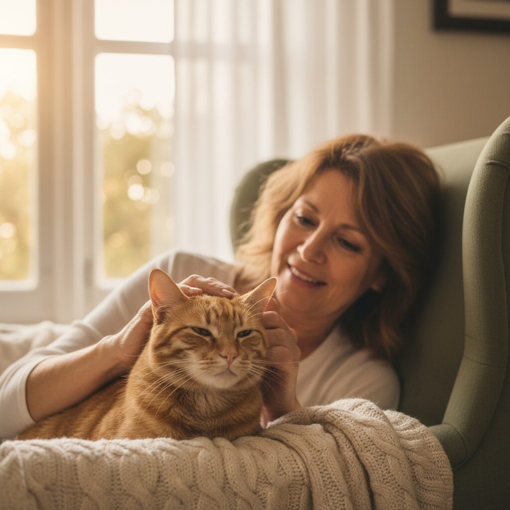 Woman petting a cat by window.
