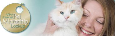 Woman hugging cat, pet microchip lookup.