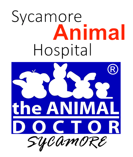 Veterinary clinic logo with animal silhouettes.