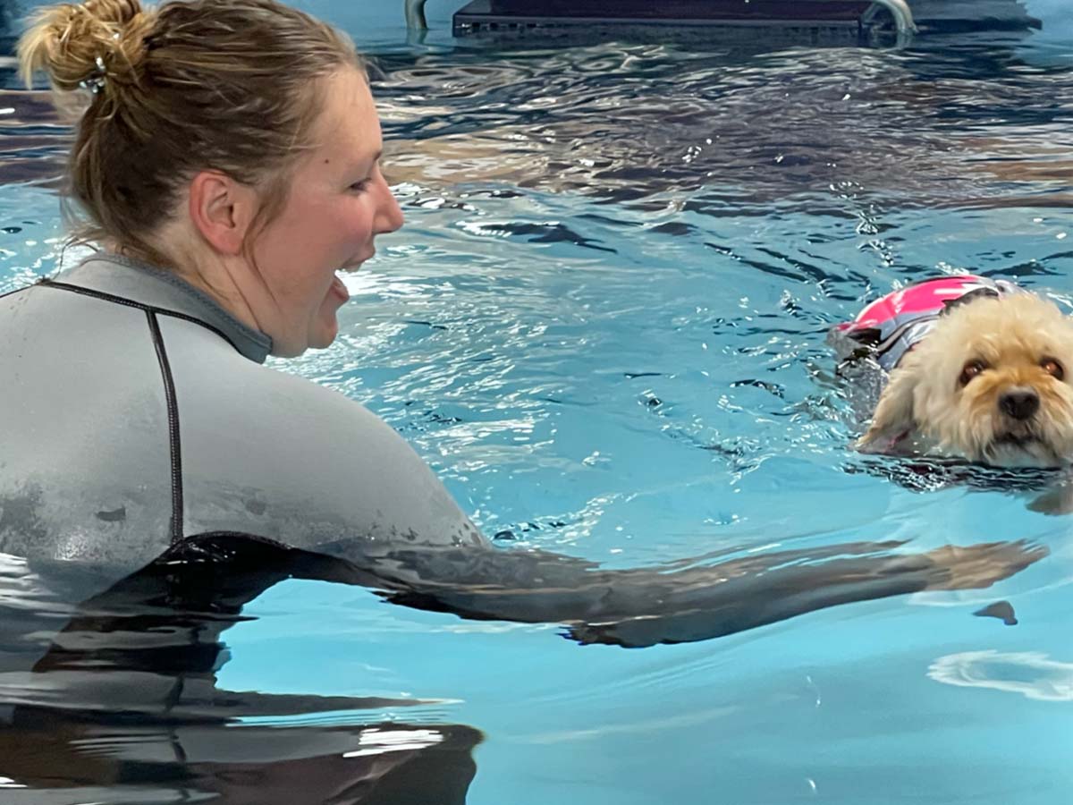 Woman and dog swimming in a pool.