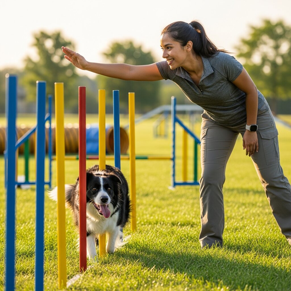Dog agility training with a smiling trainer.
