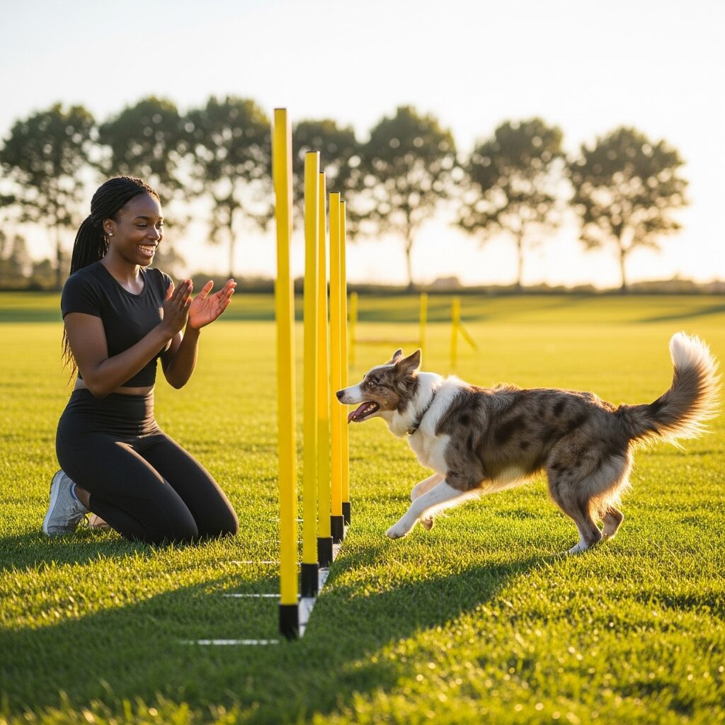 Woman training dog in agility course.