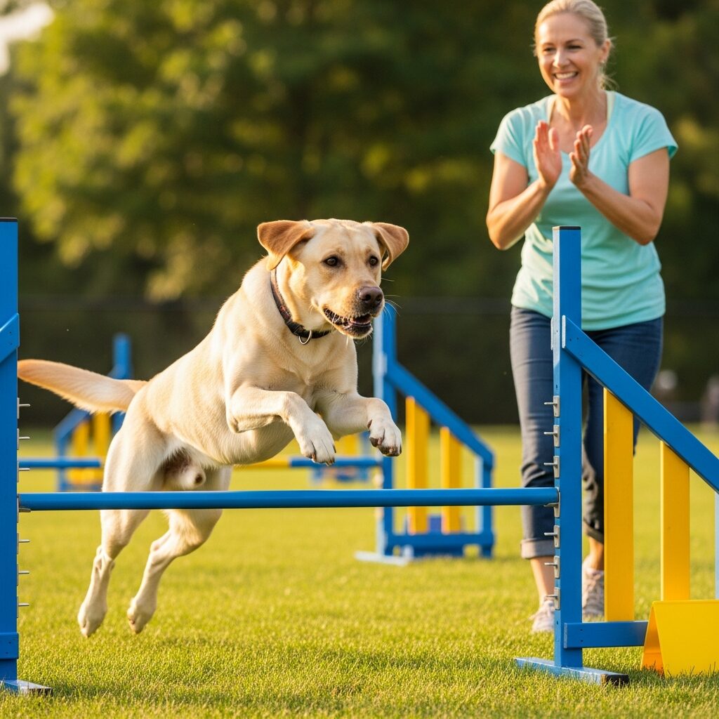 Dog jumps over agility hurdle, trainer claps.