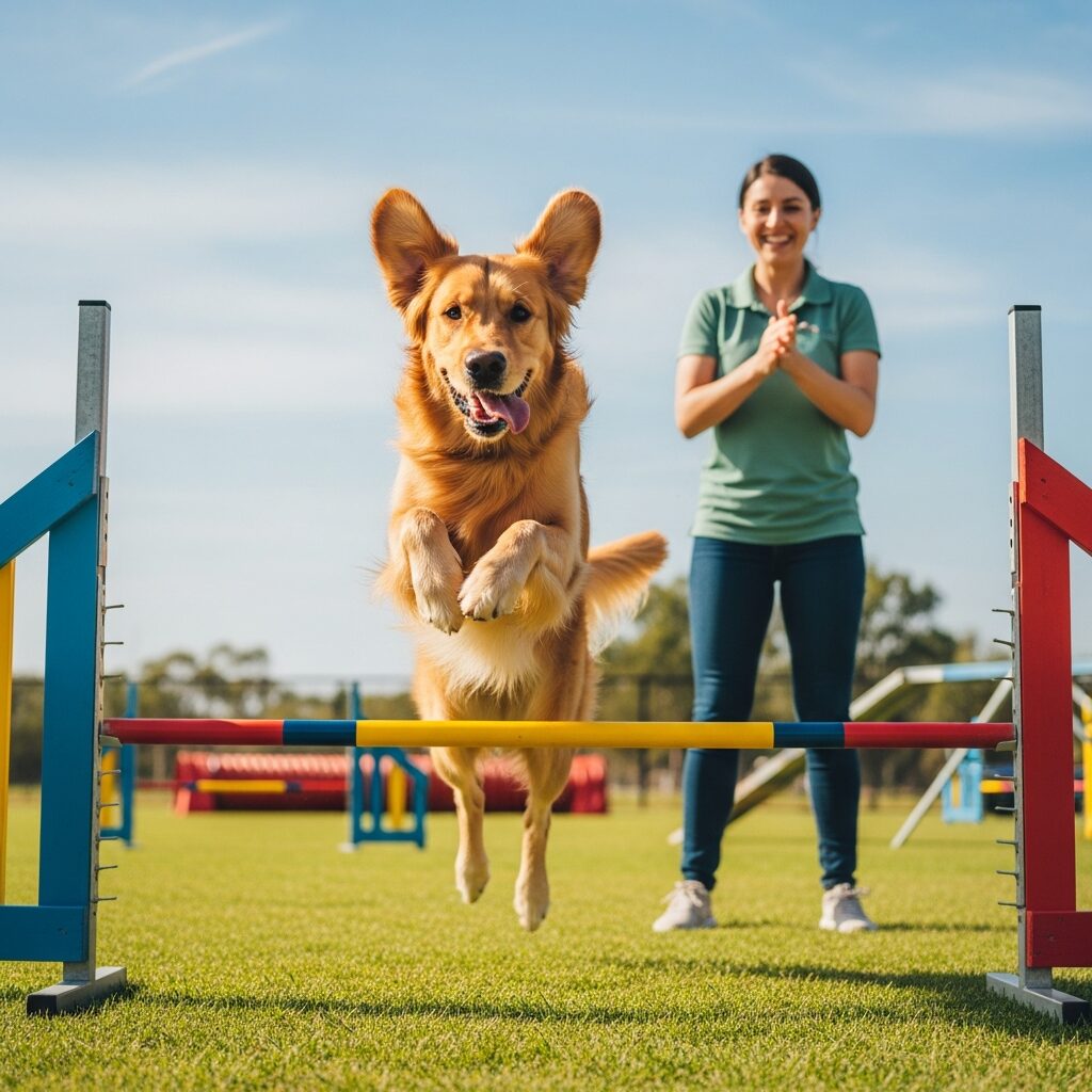 Dog jumping hurdle with trainer clapping.