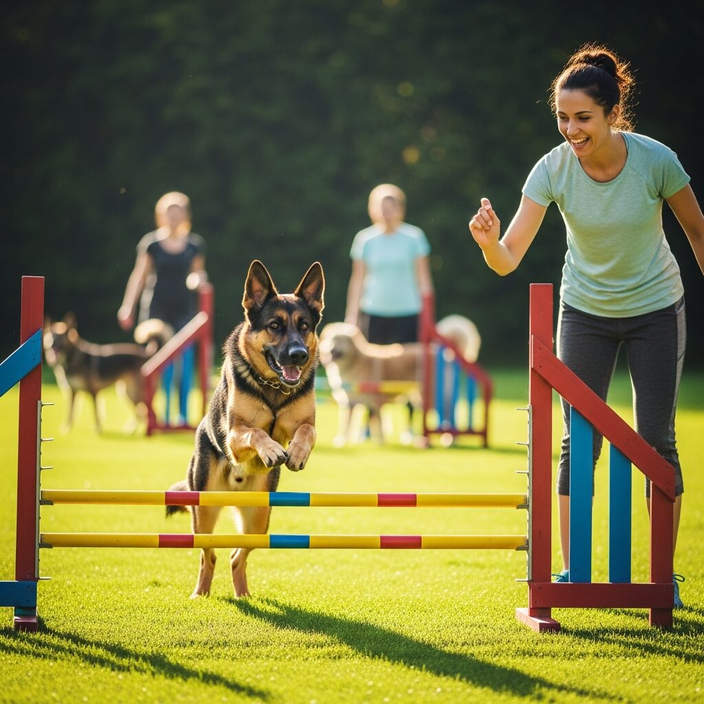 Dog jumping hurdle at training class.