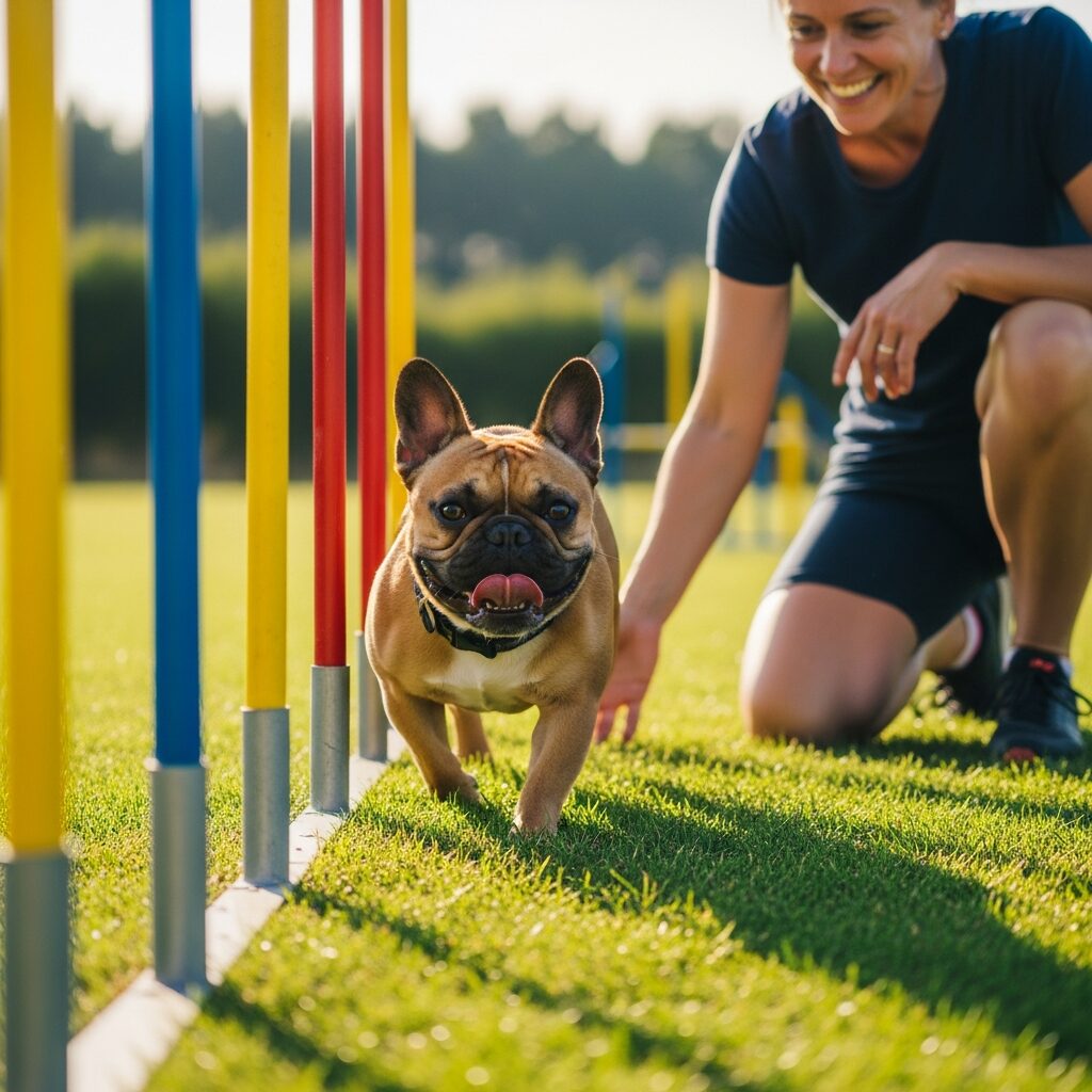 Dog and woman at agility course outdoors.