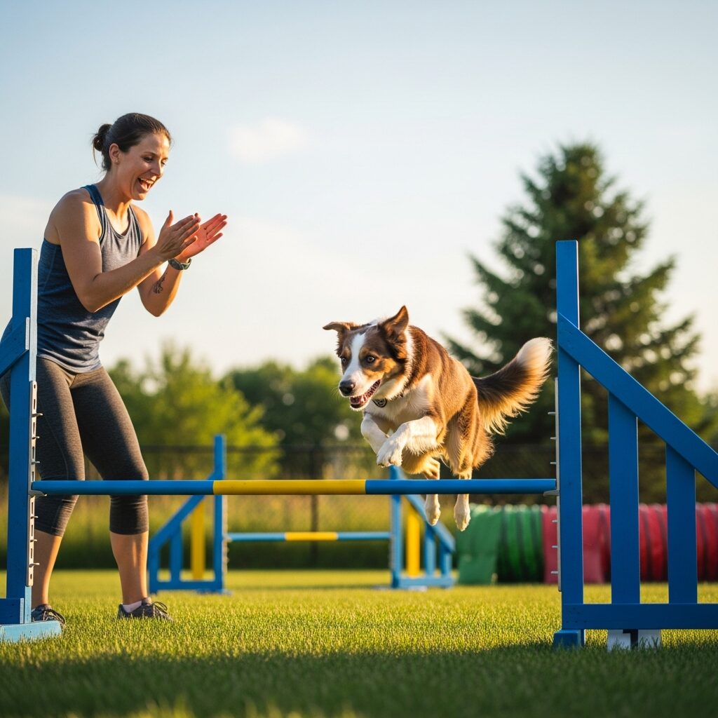 Dog jumping over agility hurdle outdoors.