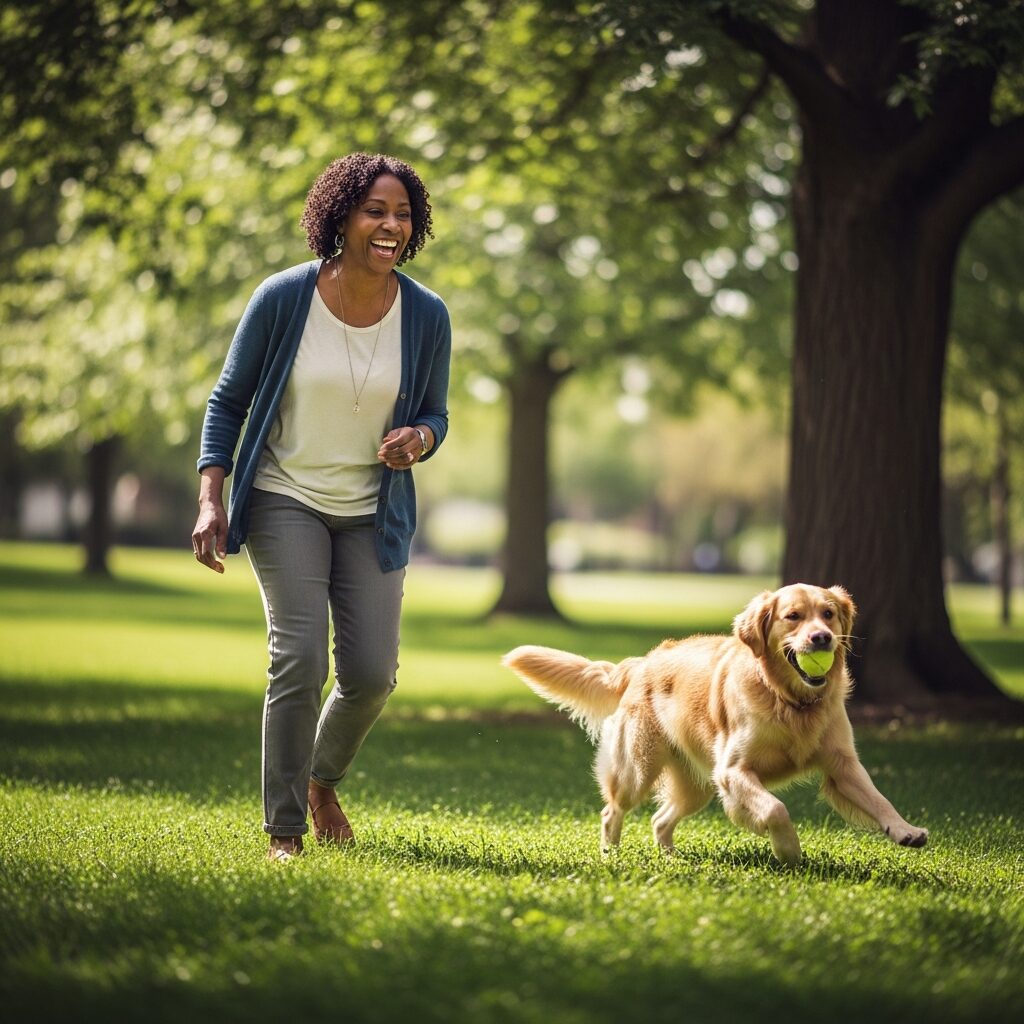 Woman playing fetch with dog in park.