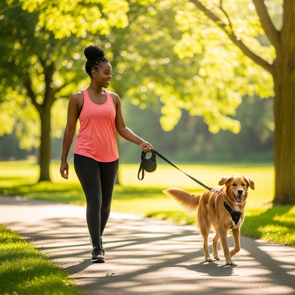 Woman walking dog in sunny park.