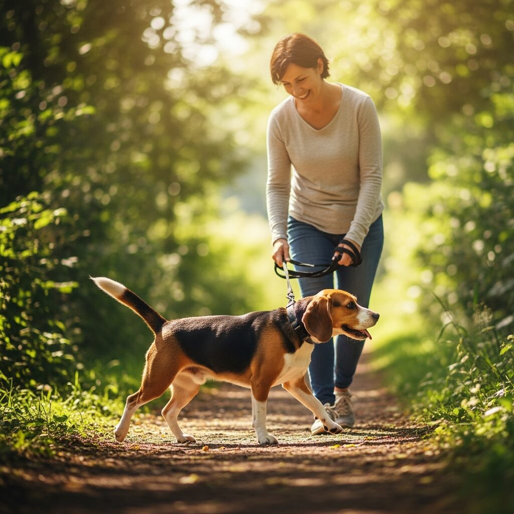 Woman walking a dog on a trail.