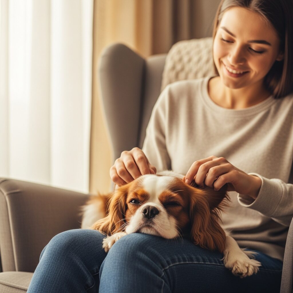 Woman smiling with dog on her lap.