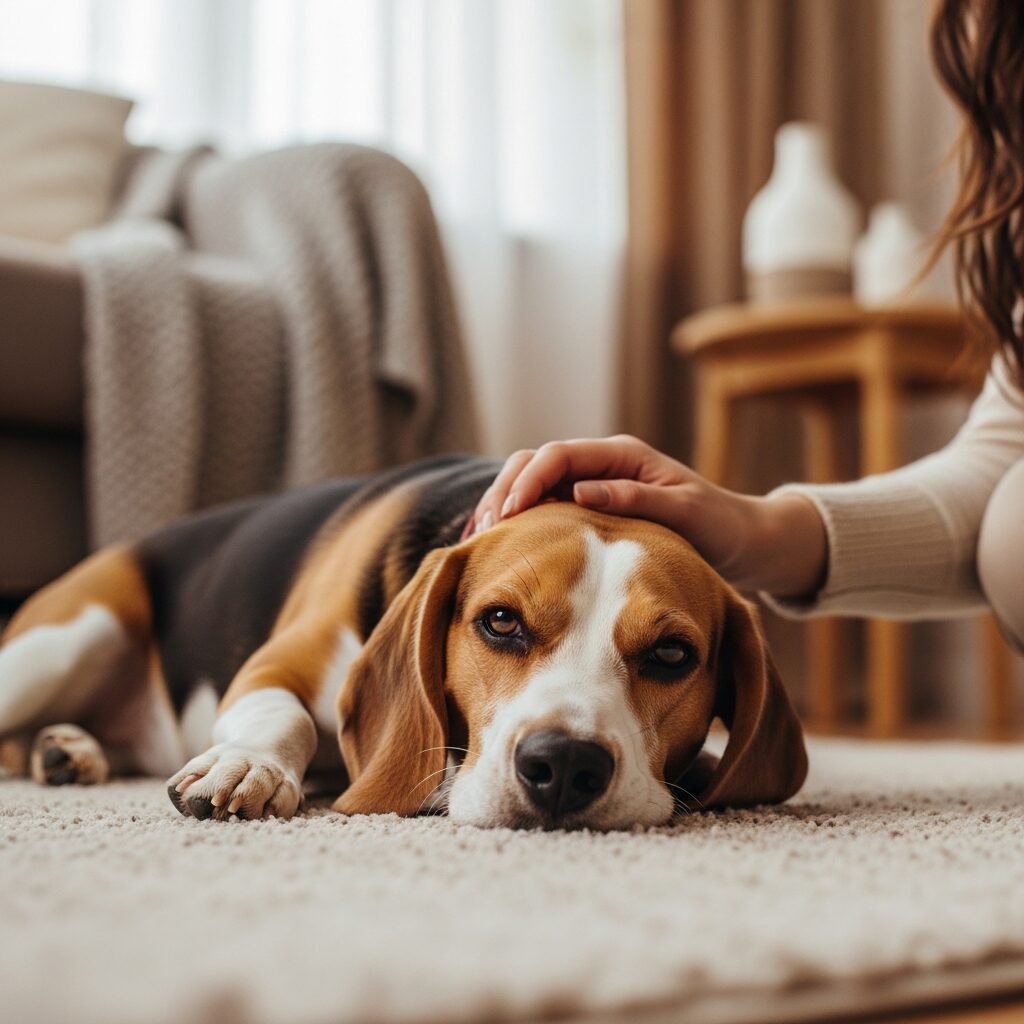 Beagle resting on carpet with human hand.