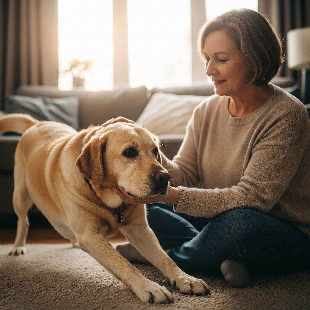 Woman playing with her dog indoors.