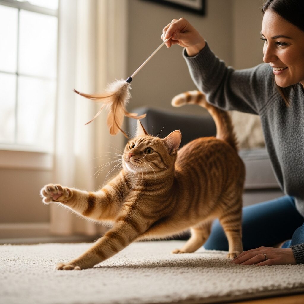 Woman playing with a cat using toy.