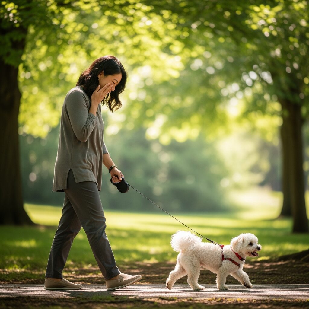 Woman walking dog in sunny park.