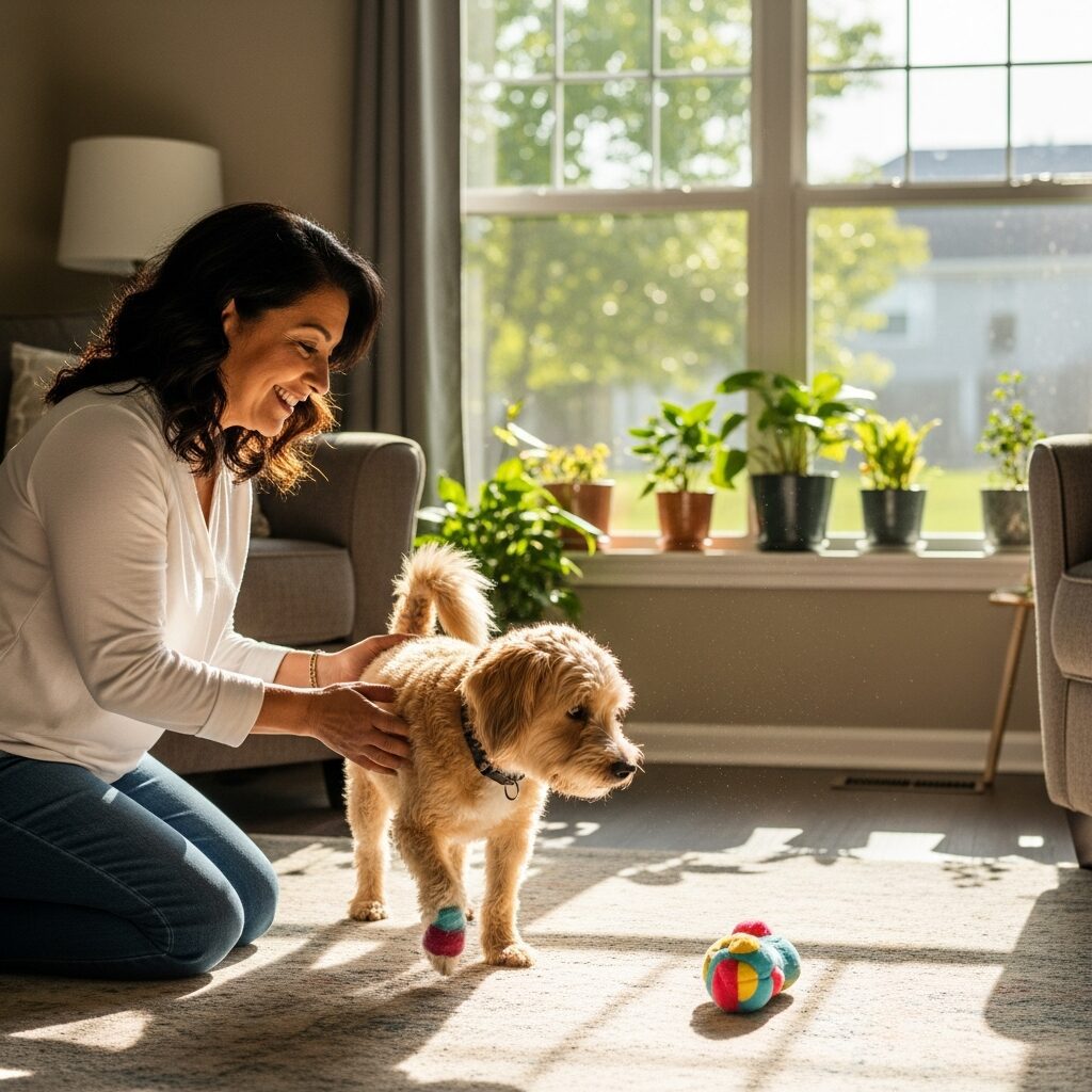 Woman playing with dog indoors, sunlight streaming.