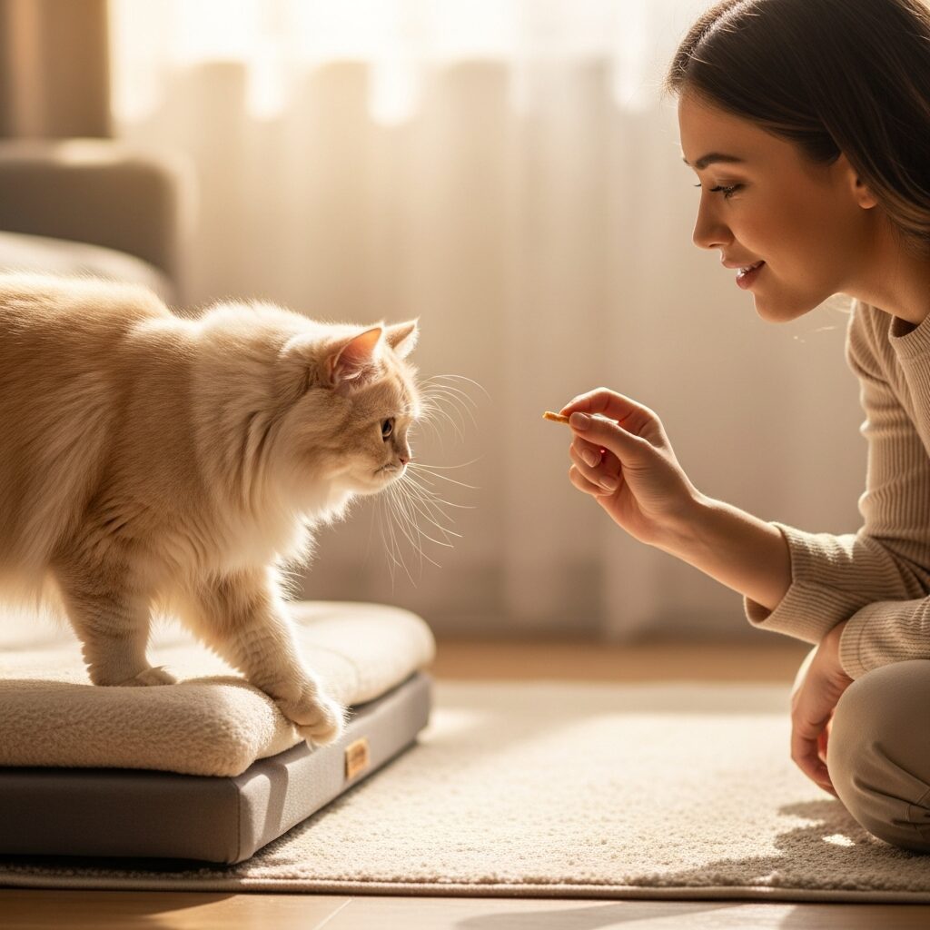 Woman giving treat to fluffy white cat.