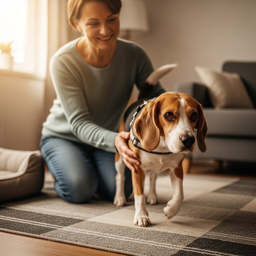 Woman petting a beagle in living room.