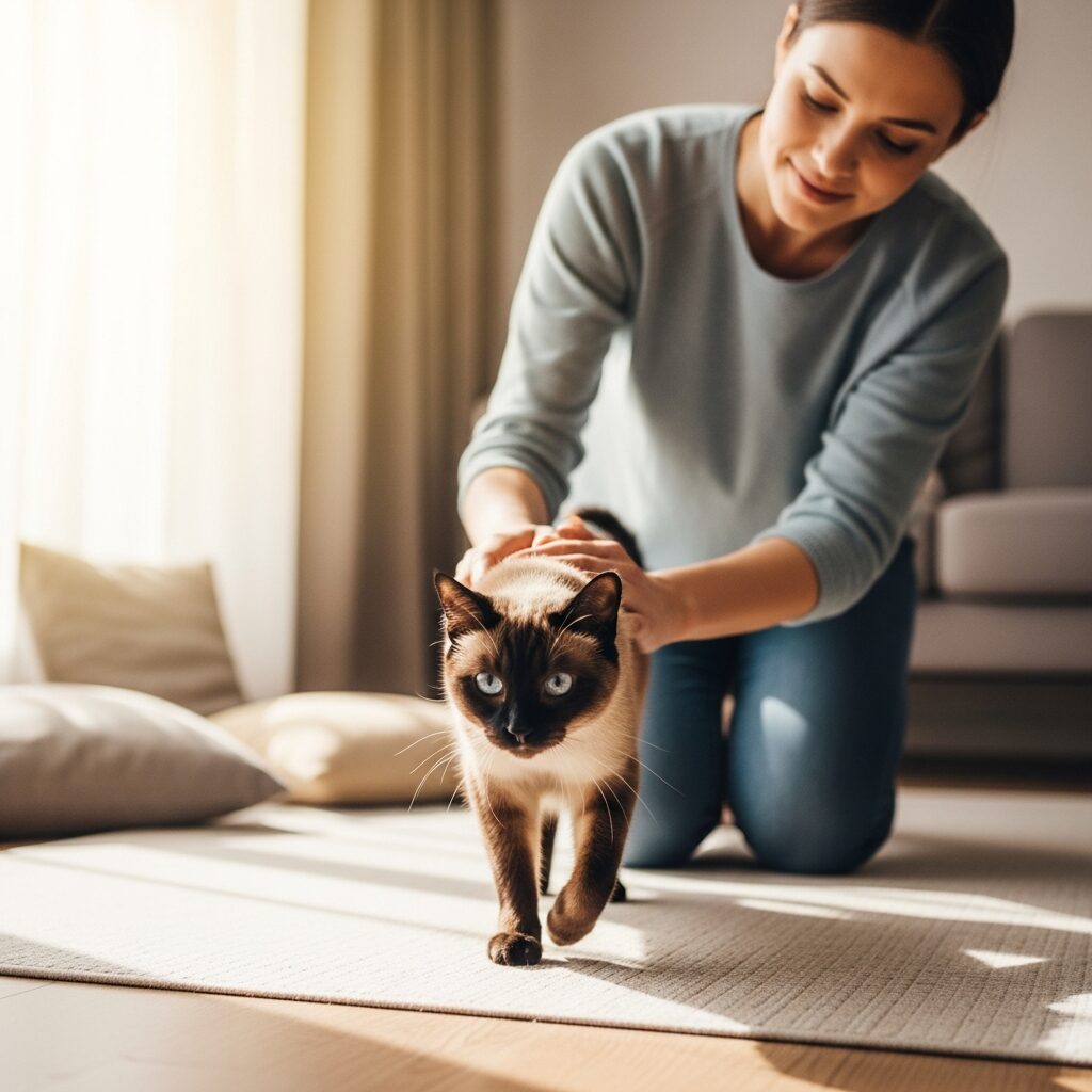 Woman petting a Siamese cat indoors.