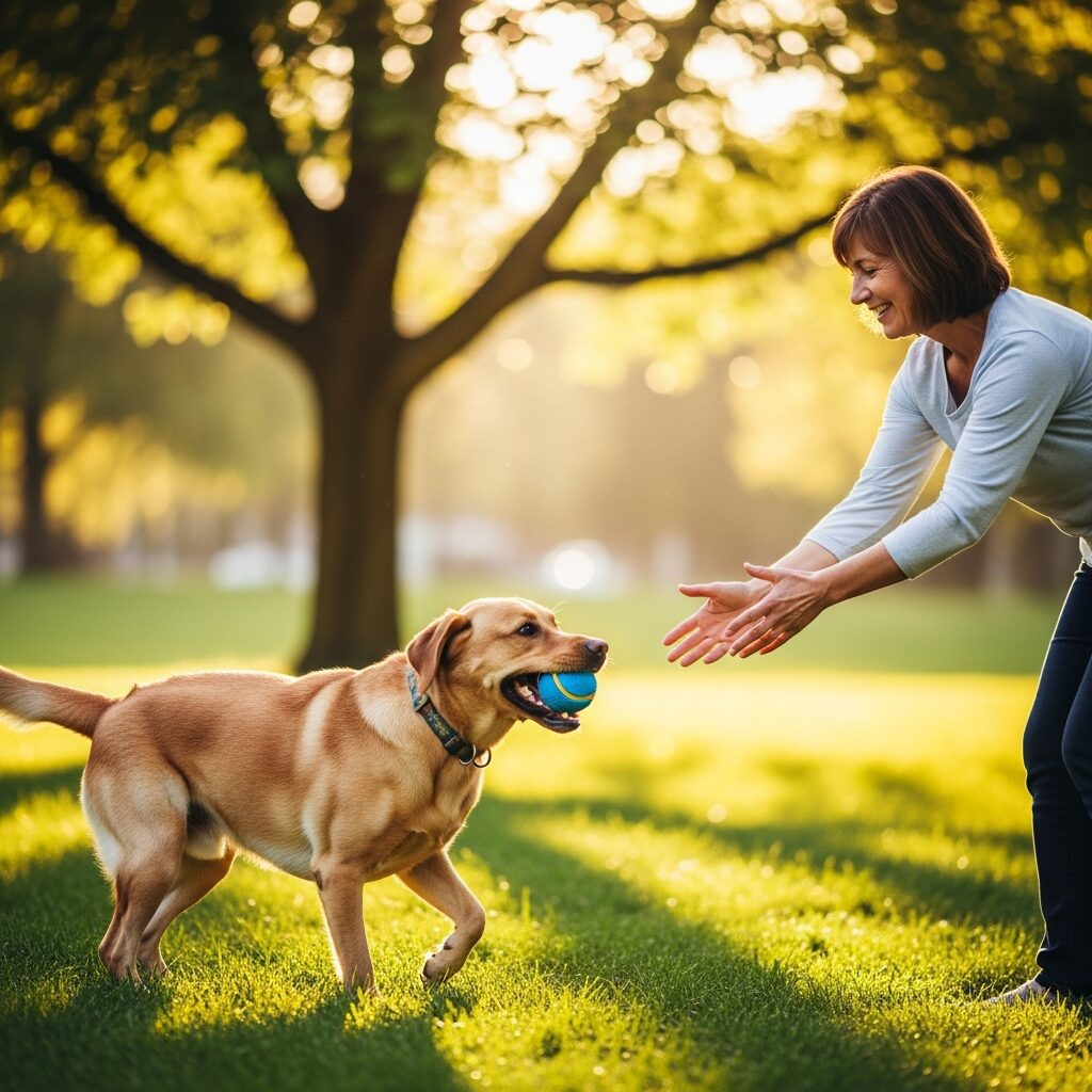 Woman playing fetch with dog in park.