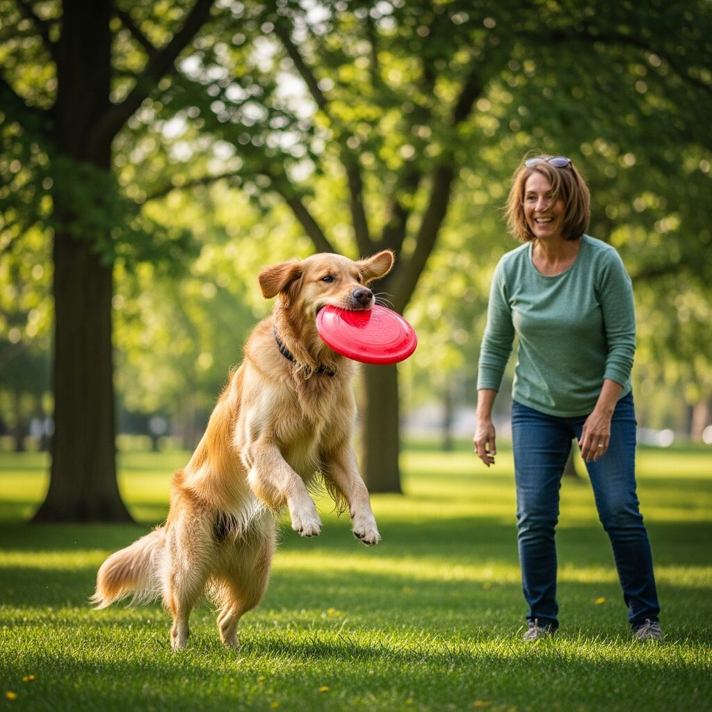 Dog catching frisbee in park with woman.