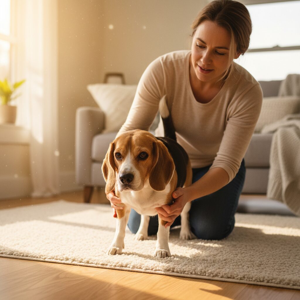 Woman petting a dog in sunny room.