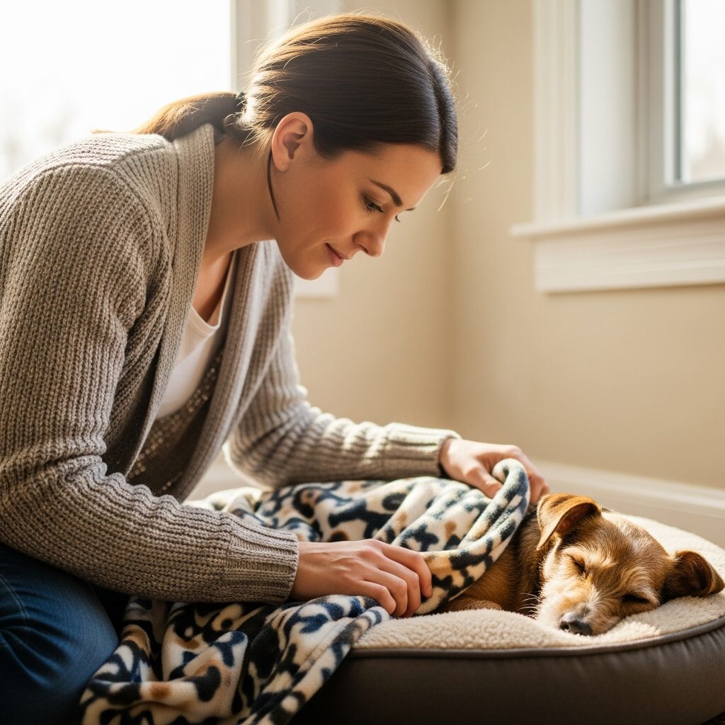 Woman gently covering sleeping dog with blanket.