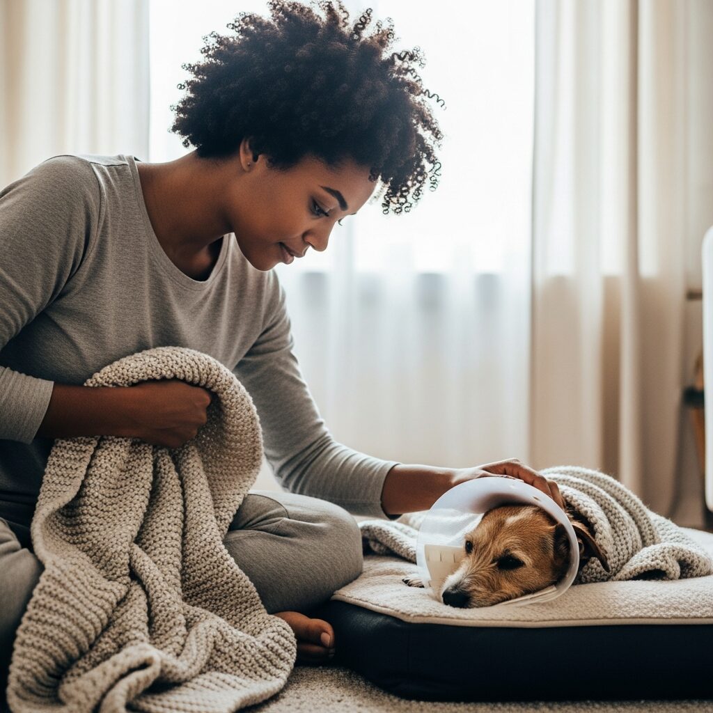 Woman comforting dog with protective cone.