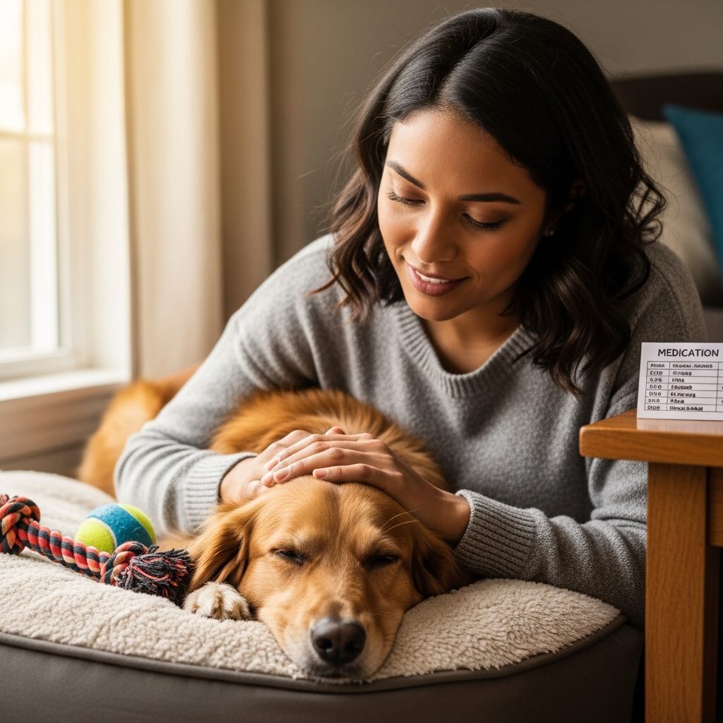 Woman comforting a resting dog on bed.