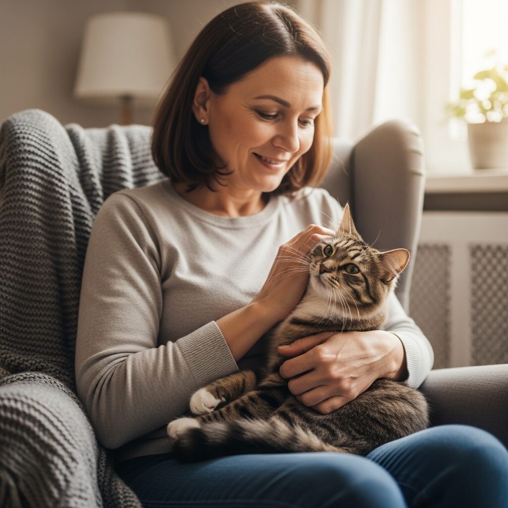Woman smiling while petting a cat.