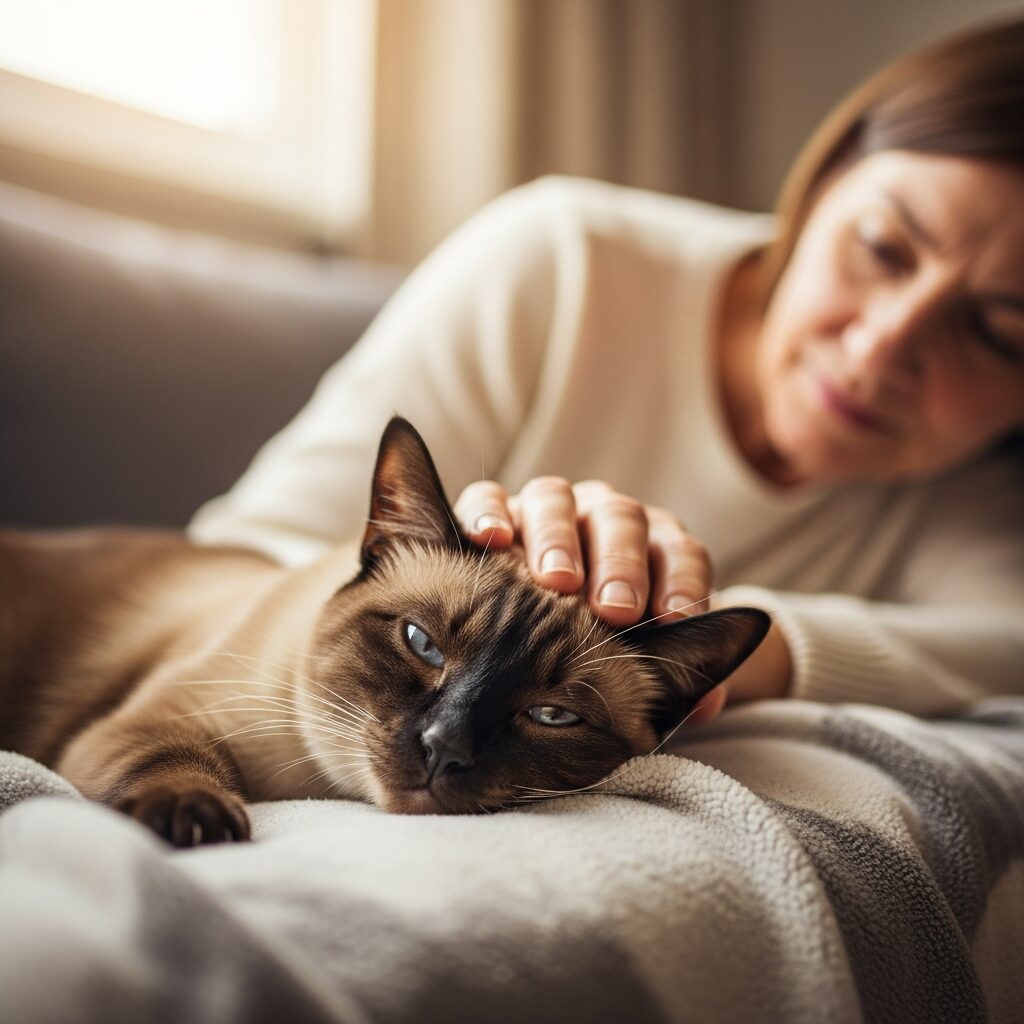 Woman petting a relaxed Siamese cat.