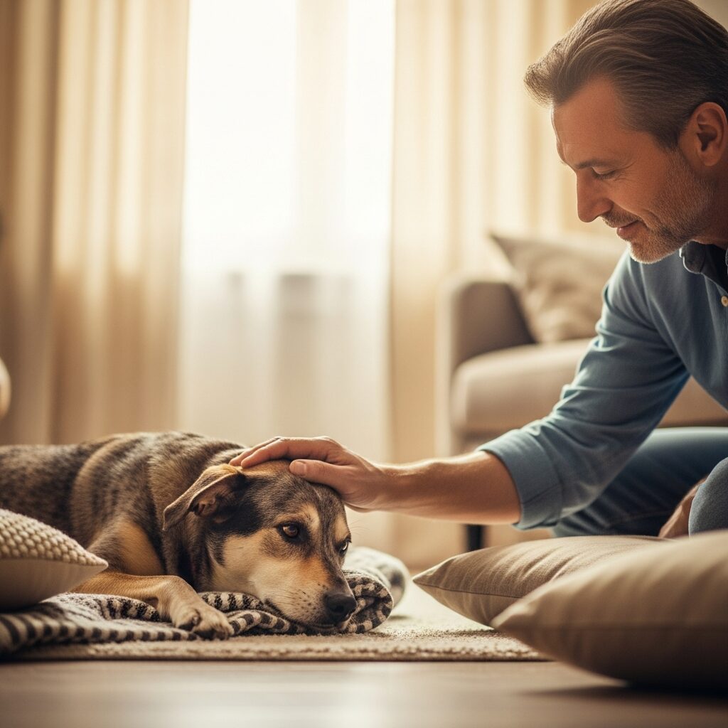 Man petting a relaxed dog indoors.