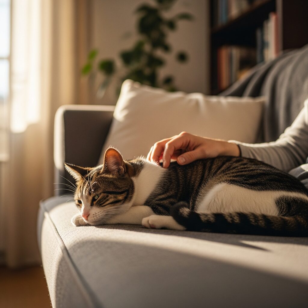 Cat resting on couch with sunlight.