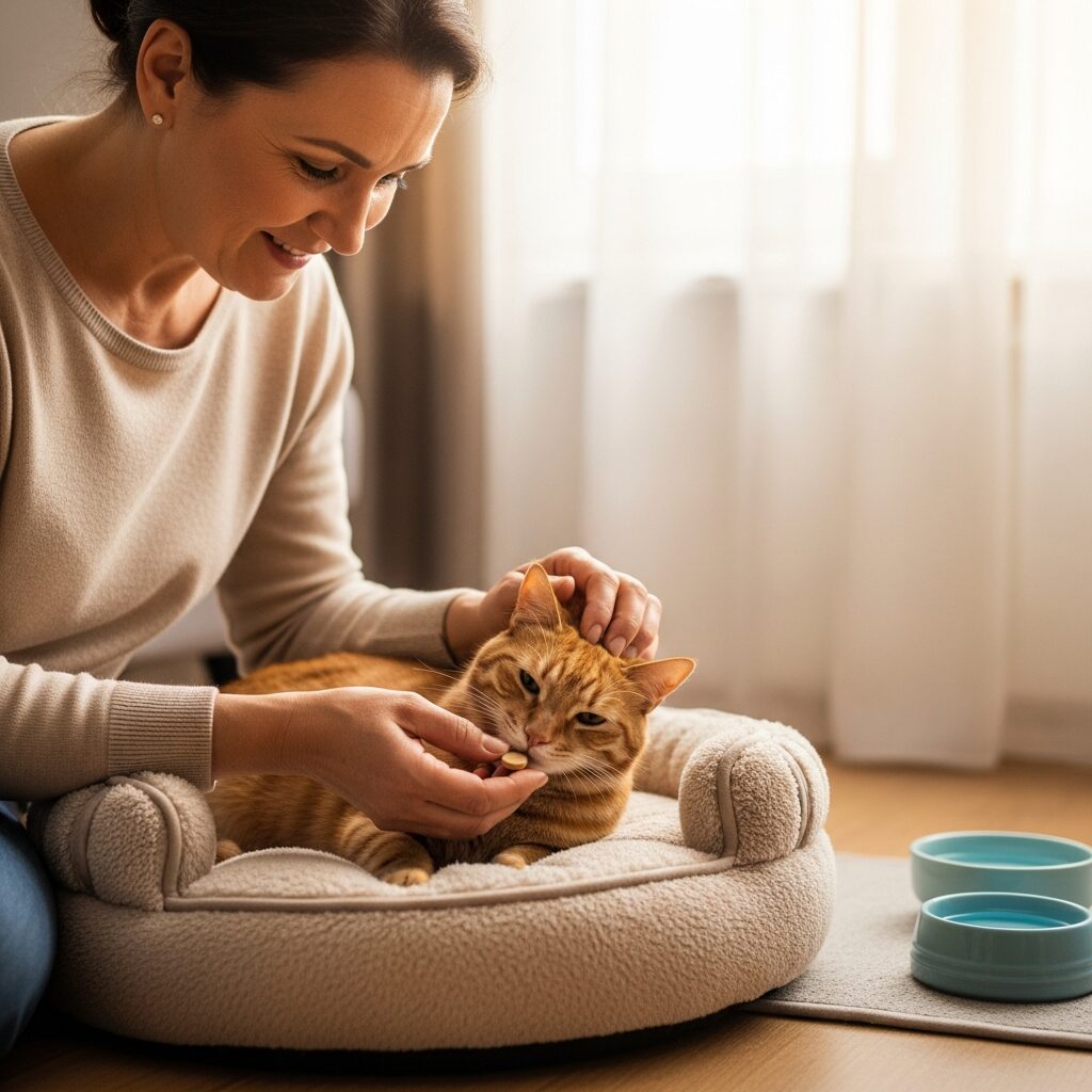 Woman petting a cat on cozy bed.