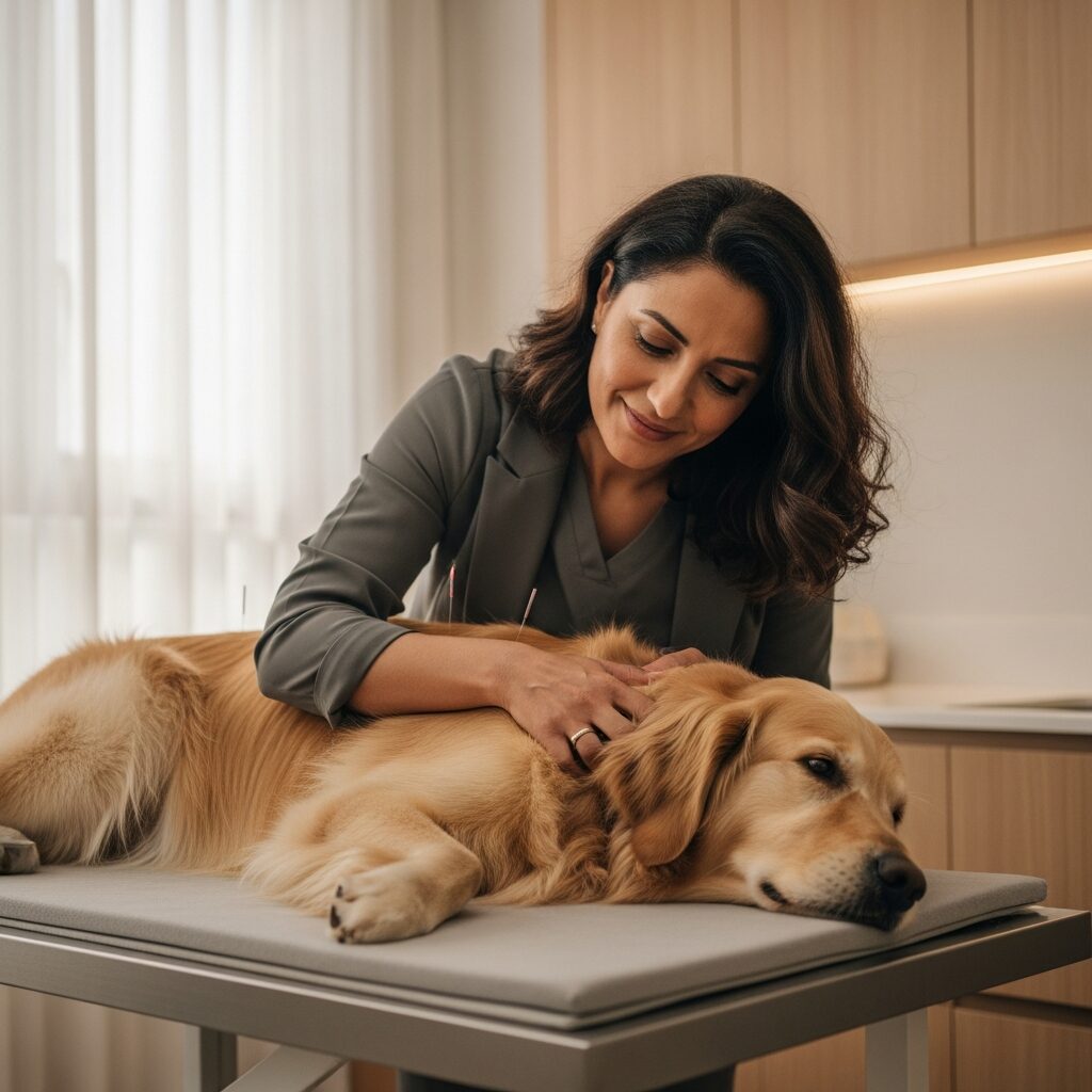 Veterinarian comforting a dog on examination table.