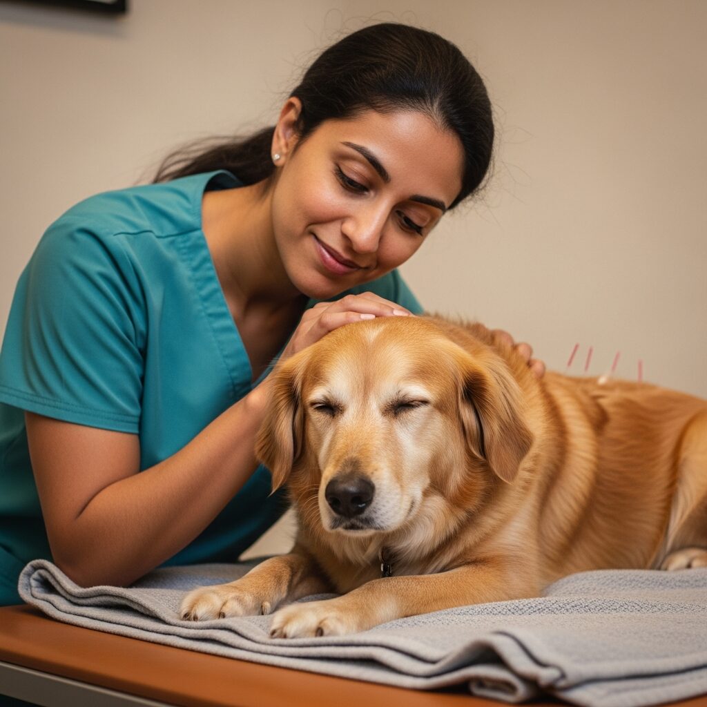 Woman comforting dog during acupuncture session.