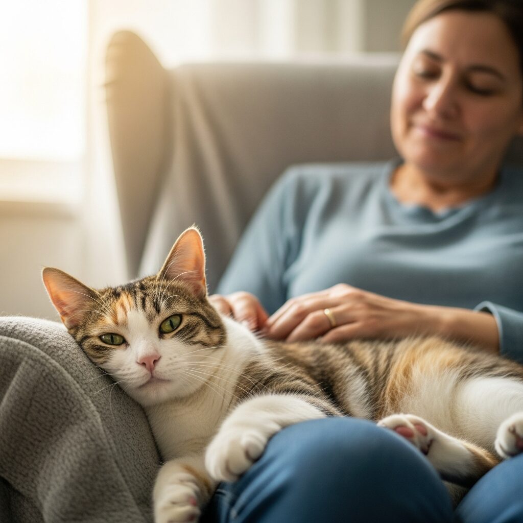 Woman relaxing with a cat on lap.