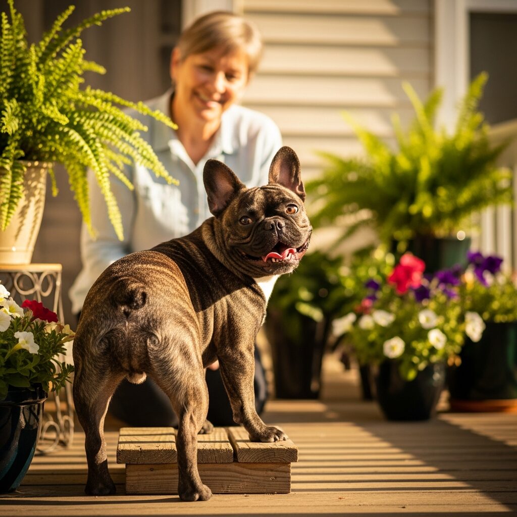 Smiling dog poses on sunny porch.