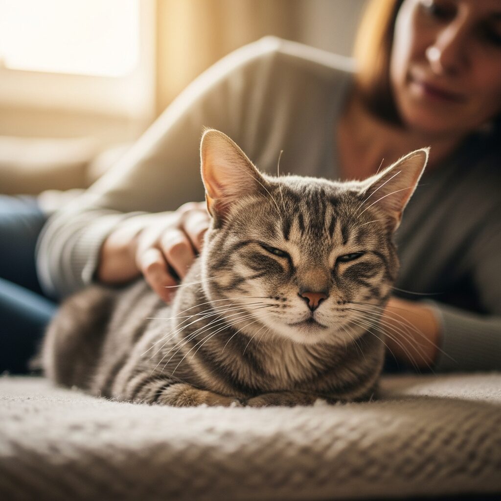 Woman petting a relaxed tabby cat.