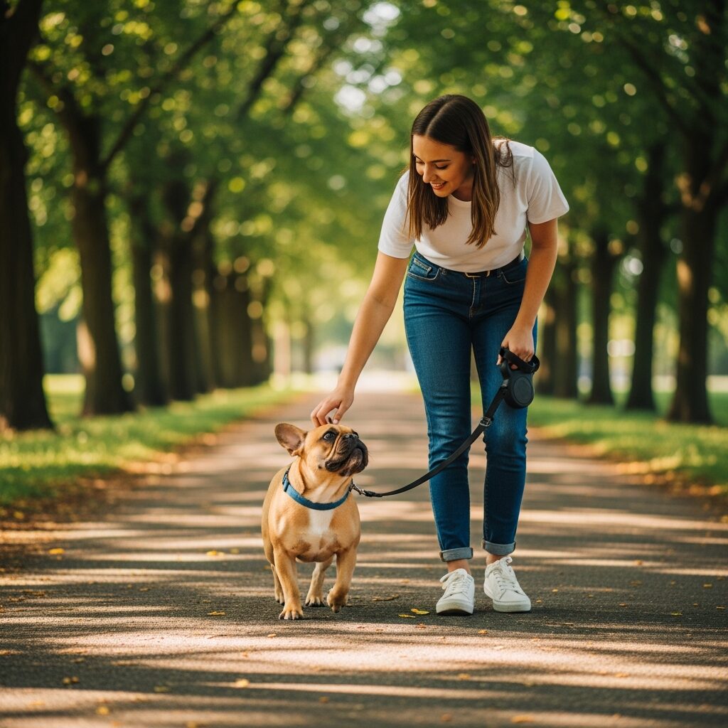 Woman walking French bulldog in park.