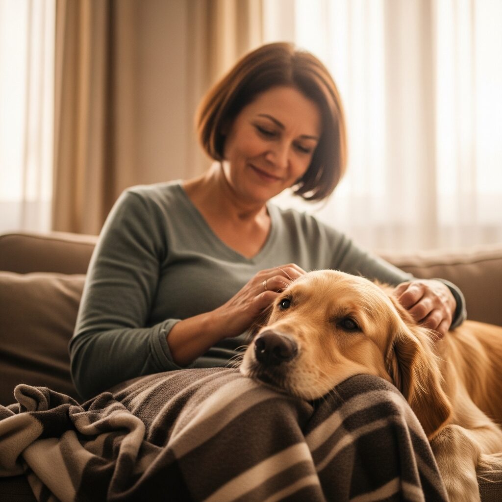 Woman petting a dog on couch.
