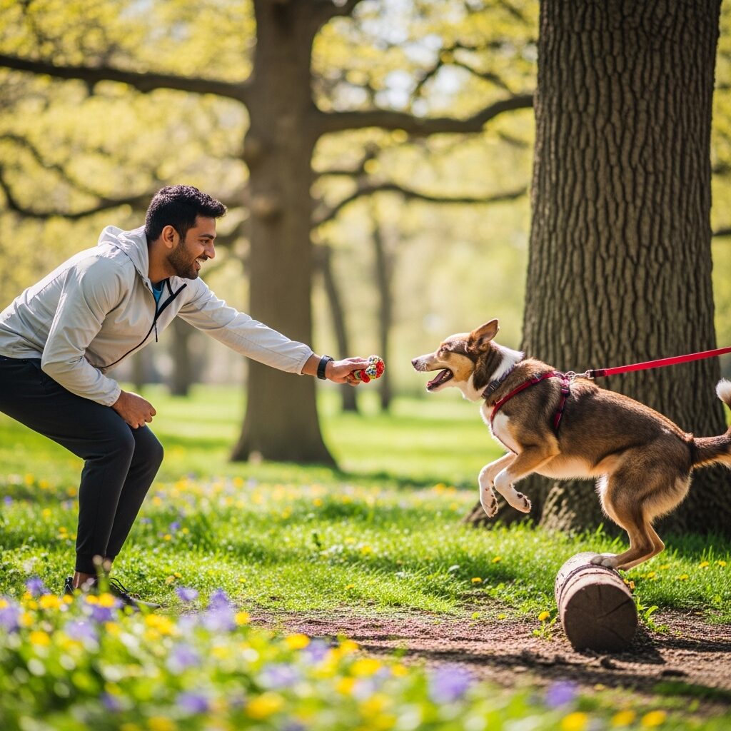 Man playing fetch with leashed dog outdoors.