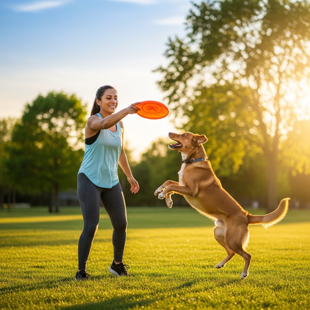 Woman playing frisbee with dog outside.