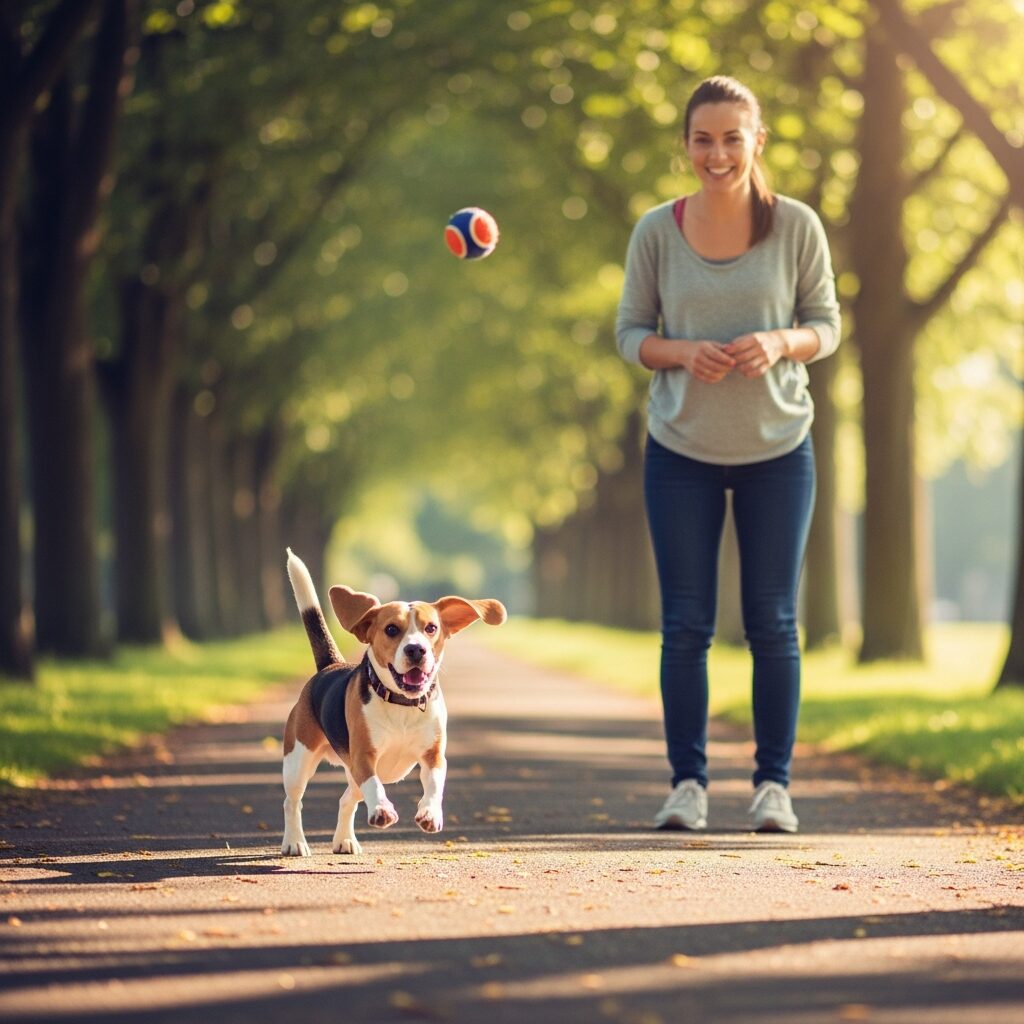 Woman playing fetch with happy dog.