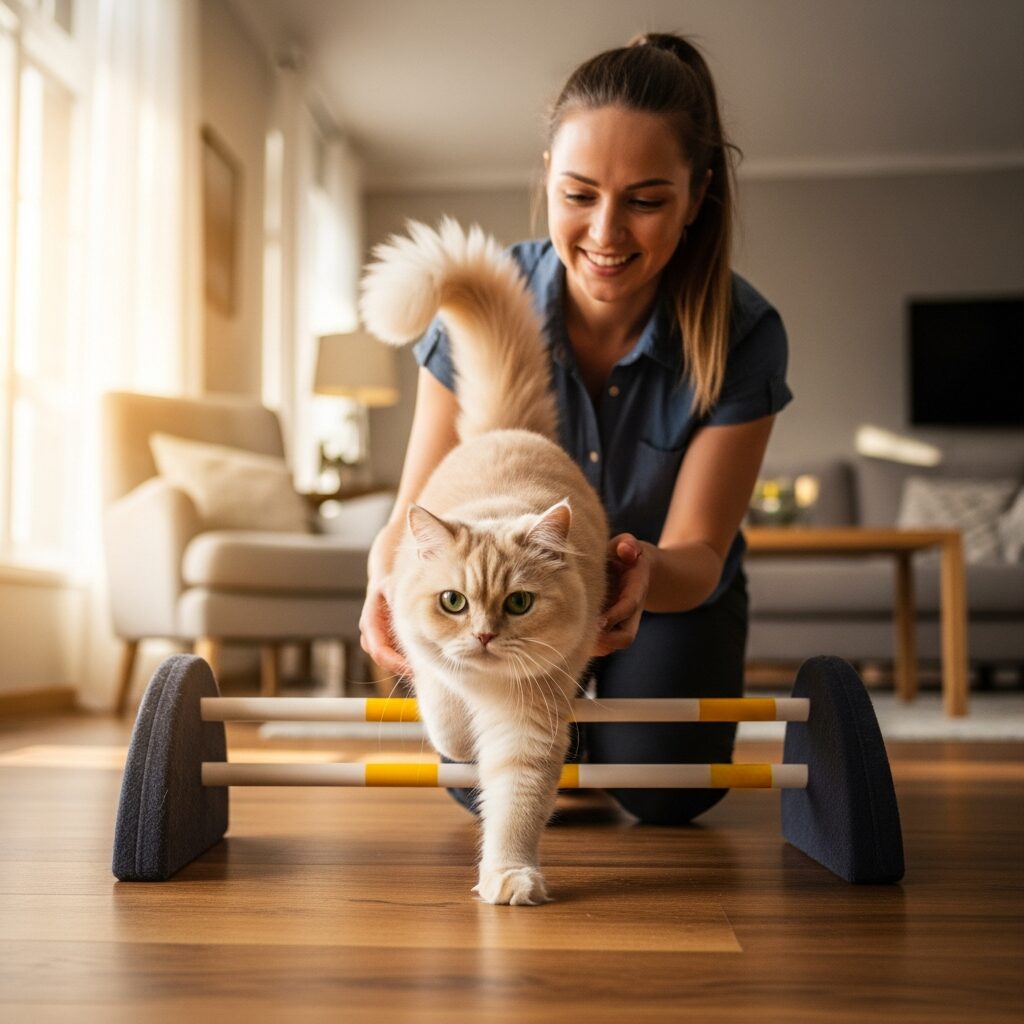 Woman training cat to jump hurdles.