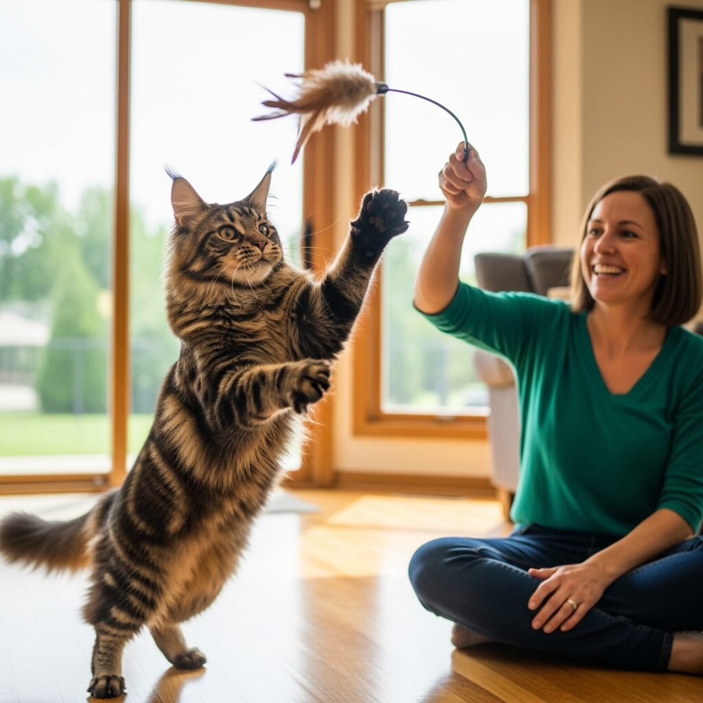Woman playing with cat using feather toy.