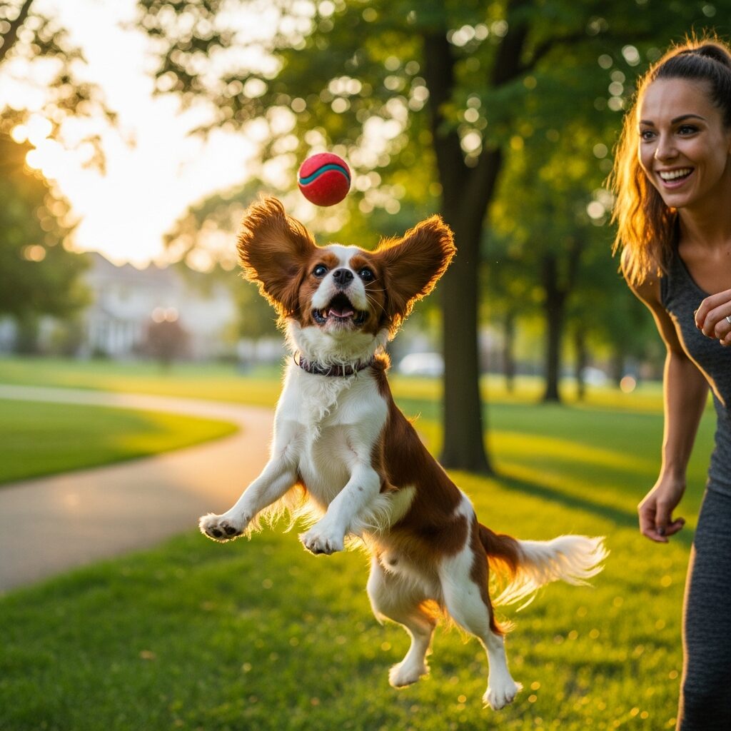 Dog jumping for ball in park.